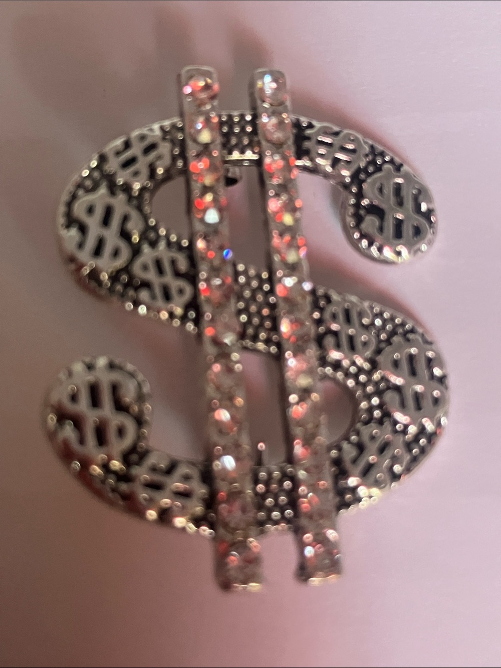 New Sparkling Silver Tone Dollar Sign Brooch with Crystal Accents Big Statement